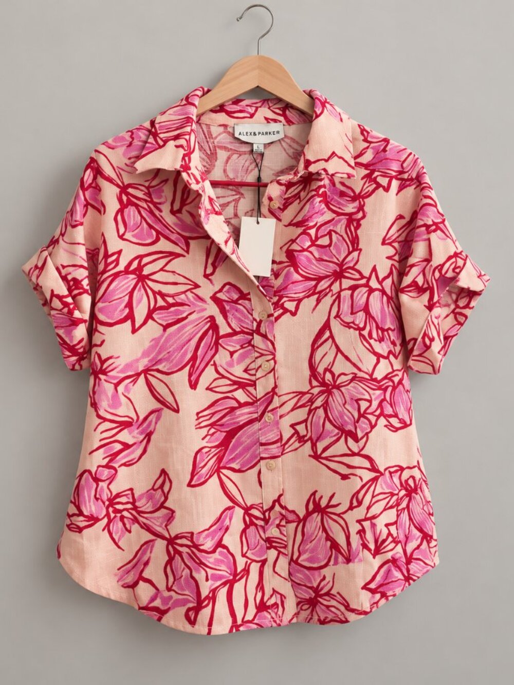 Alex & Parker Pink Floral Button Up Blouse L NWT